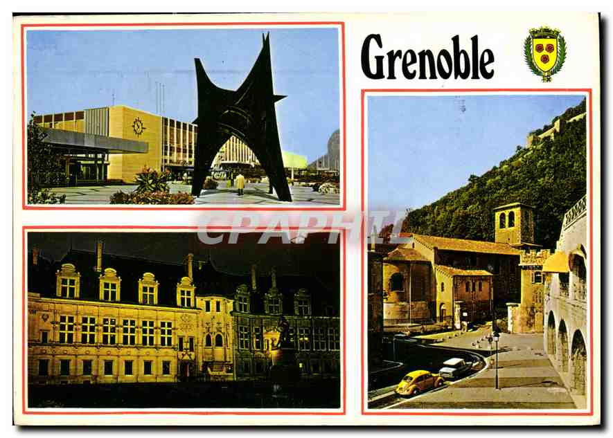 Grenoble — vue de la sculpture du parc de la Gare, du château de l'Île, et de la rue de la République — éditeur non visible - Recto