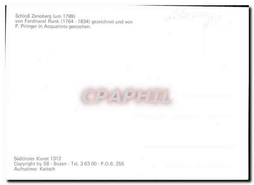 CPM Schloss Zenoberg von Ferdinand Runk gezeichnet und von P Piringer in Acquantinta gestochen  — Rückseite