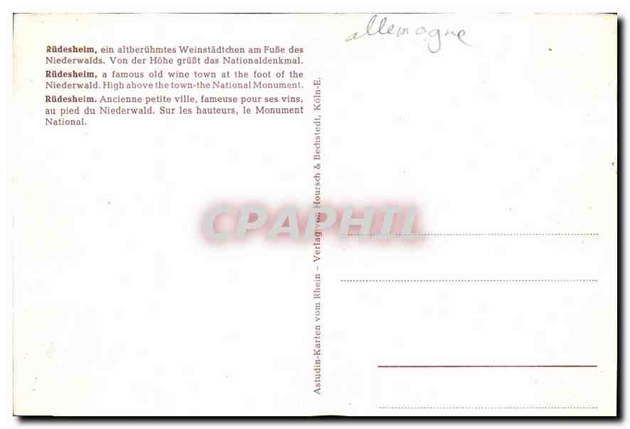 CPM Rudesheim ancienne peite ville fameuse pour ses vins au pied du Niederwald sur les hauteurs le M — Rückseite