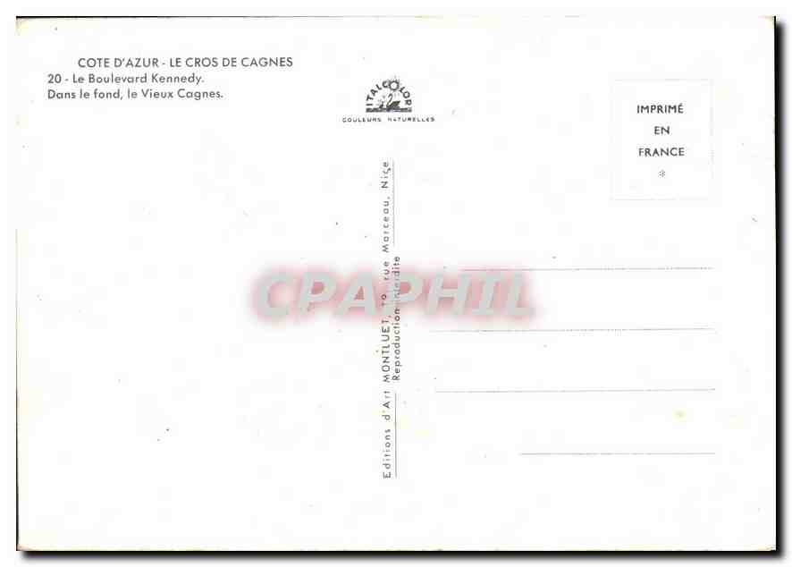 CPM Cote d'Azur le Cros de Cagnes le Boulevard Kennedy dans le fond le Vieux Cagnes  — Verso