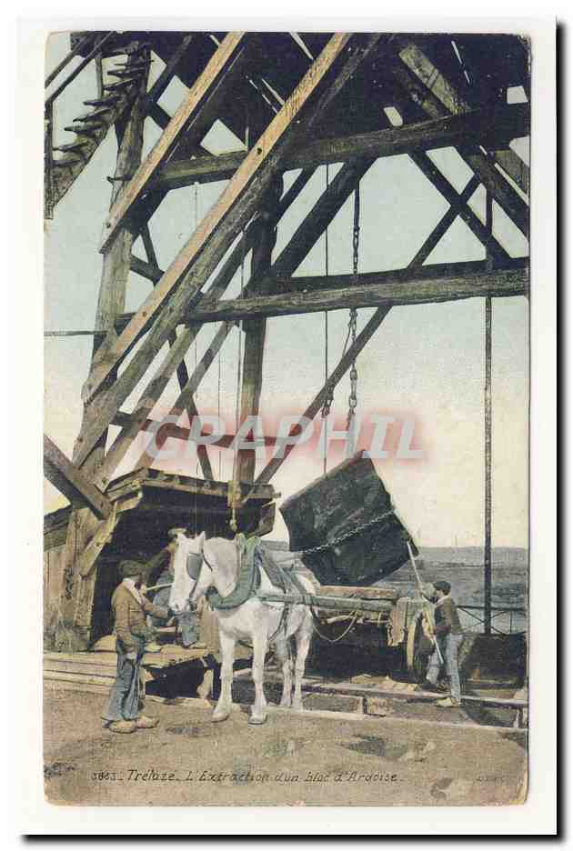 TReLAzE extraction d'un bloc d'ardoise Cheval Ouvriers Animation CPA