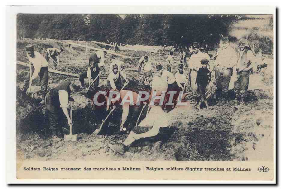 Soldats Belges creusant des tranchees a Malines Belgian soldiers digging trenches Animation CPA