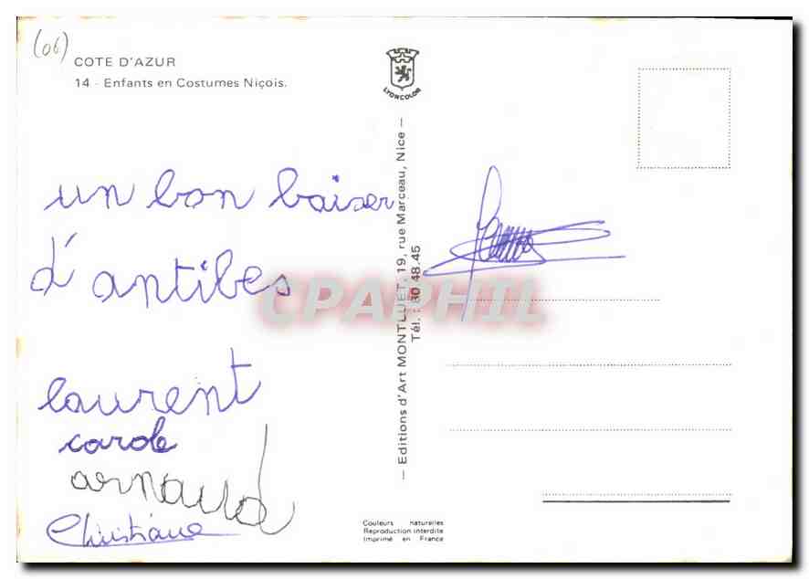 CPM Cote d'Azur Enfants en Costumes Nicois  — Verso