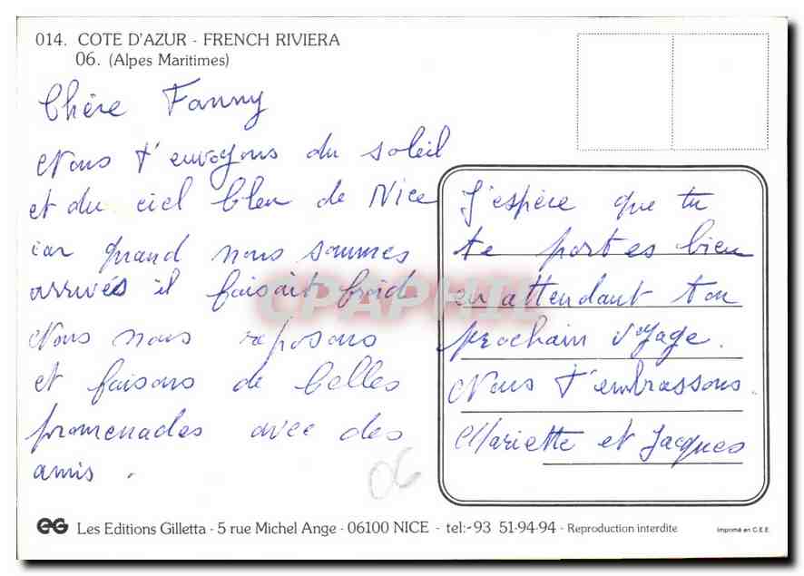 CPM Cote d'Azur French Riviera Alpes Maritimes  — Verso