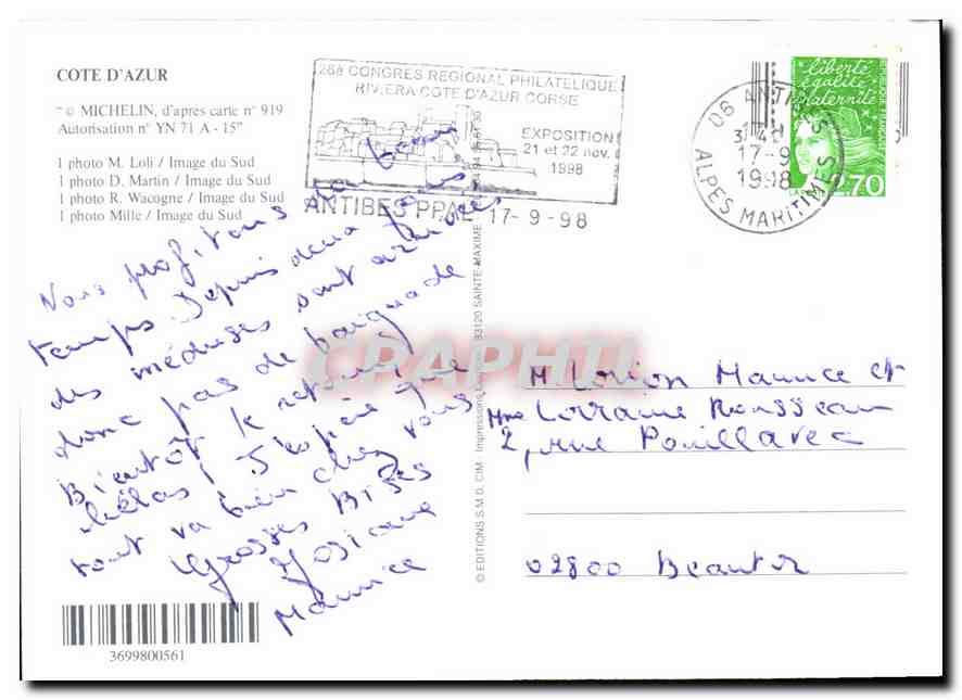 CPM Cote d'Azur Michelin Image du Sud  — Verso