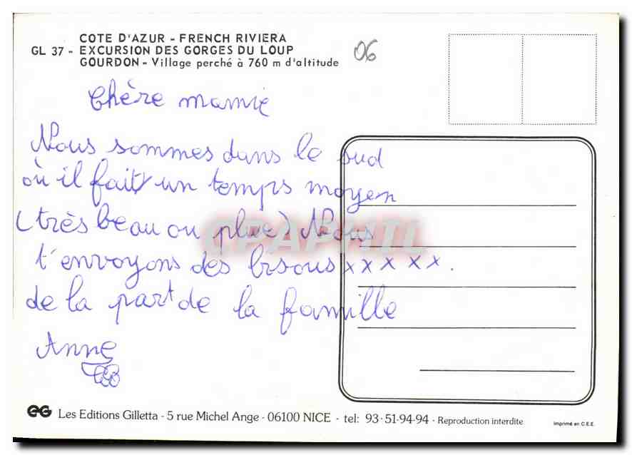 CPM Gourdon Gorges du Loup Cote d'Azur French Riviera  — Rückseite