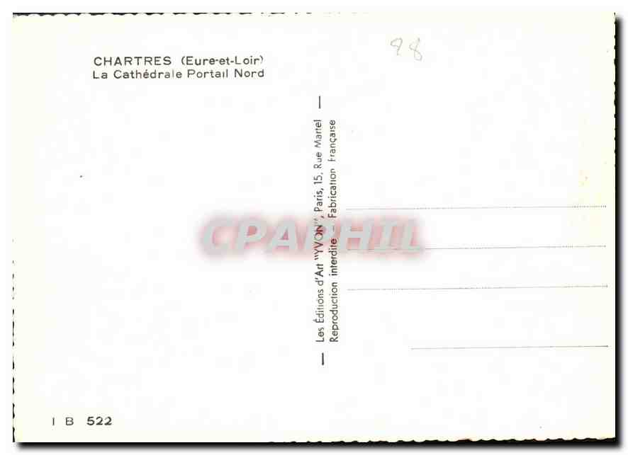 CPM Chartres Eure et Loir La Cathedrale Portail Nord  — Verso