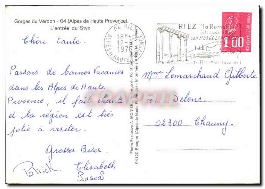 CPM Gorges du Verdon Alpes de Haute Provence L'Entree du Styx  — Verso