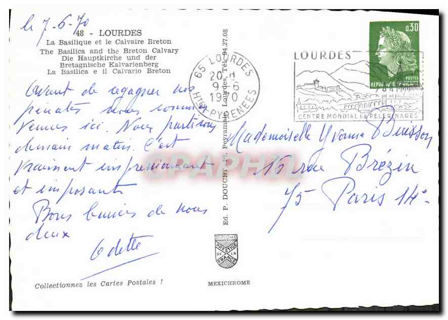 CPM Lourdes La Basilique et le Calvaire Breton  — Verso