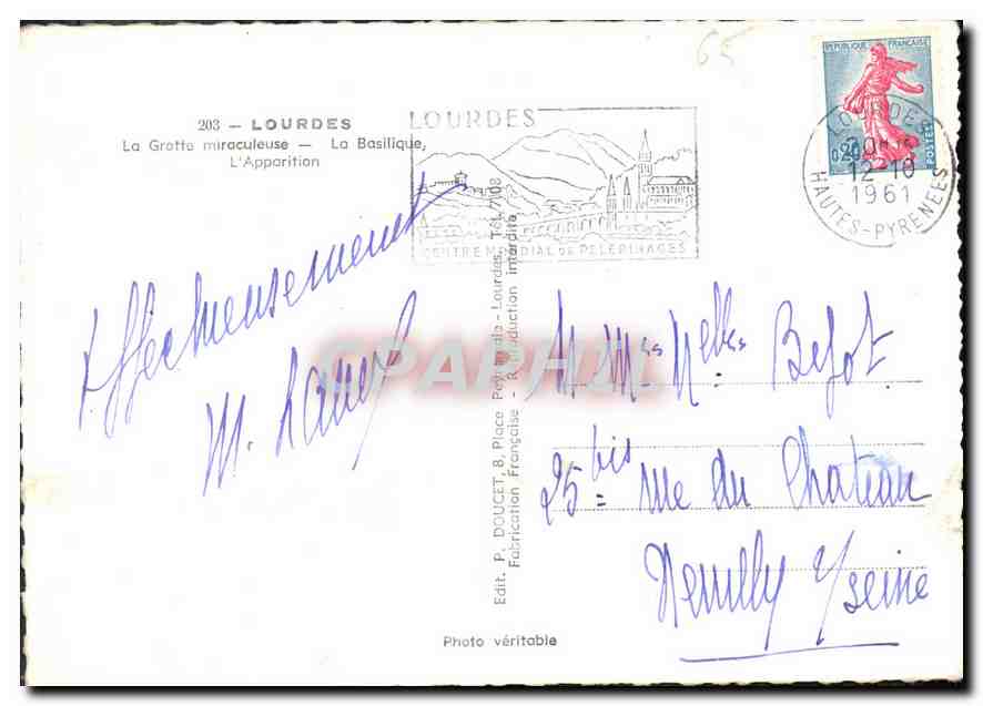 CPM Lourdes La Grotte miraculeuse La Basilique L'Apparition  — Verso