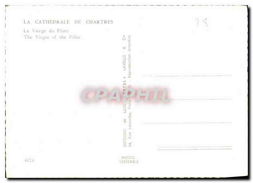 La Vierge du Pilier — Cathédrale de Chartres — Éditions de Luxe Lavelle & Cie — Verso