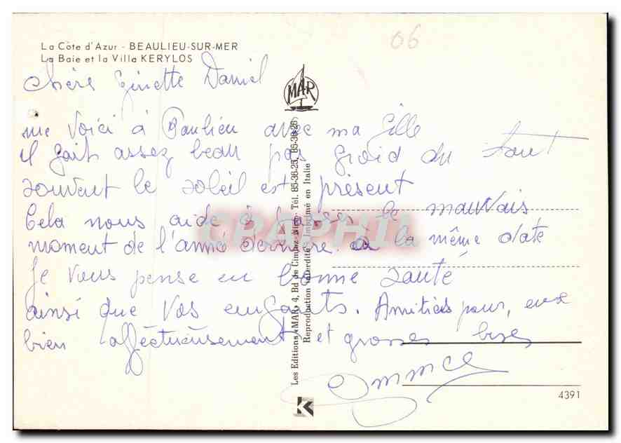CPM La Cote d'Azur Beaulie sur Mer La Baie et la Villa Kerylos  — Rückseite