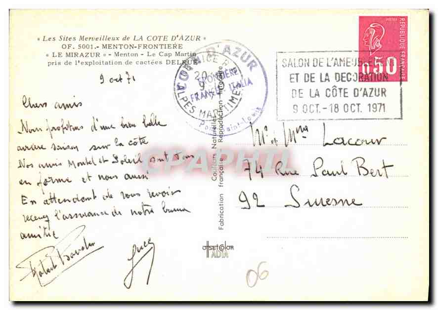 CPM Menton Frontiere Le Mirazur Menton Le Cap Martin Bar Biere — Rückseite