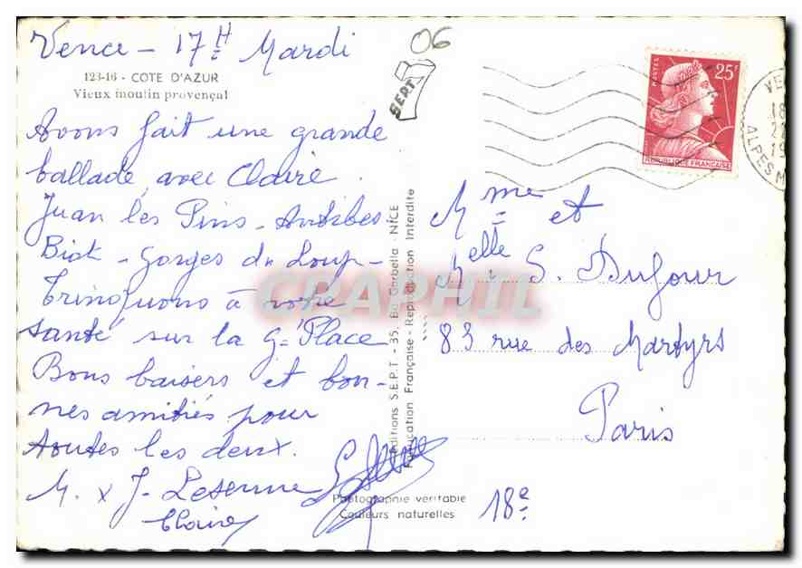 CPM Cote d'Azur Vieux moulin provencal  — Verso