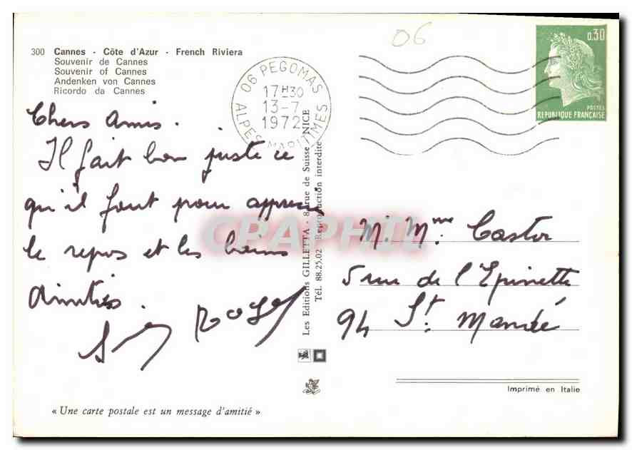 CPM Cannes Cote d'Azur French Riviera Souvenir de Cannes  — Rückseite