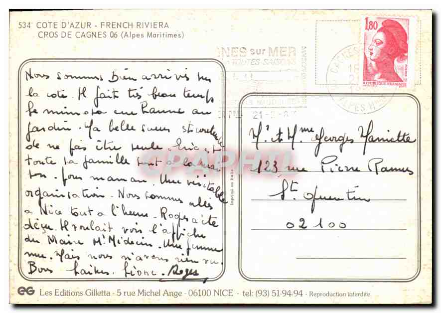 CPM Cote d'Azur French Riviera Cros de Cagnes Alpes Maritimes  — Verso