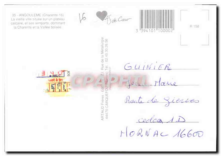 Angoulême — La ville et la Charente — Artaud Frères — Verso