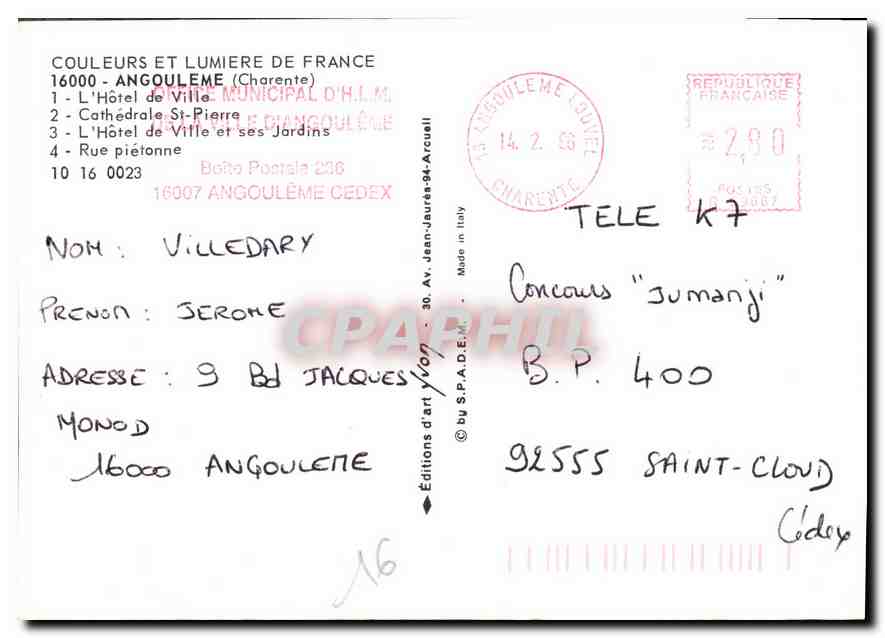 CPM Angouleme Charente L'Hotel de Ville  — Rückseite