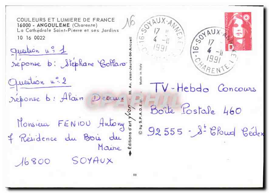 Cathédrale Saint-Pierre d'Angoulême — Jardins — Éditions d'art Yvan, n° 88 — Rückseite
