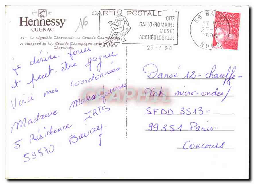 CPM Hennessy Cognac Un Vignoble Charentais en Grande Champagne  — Back