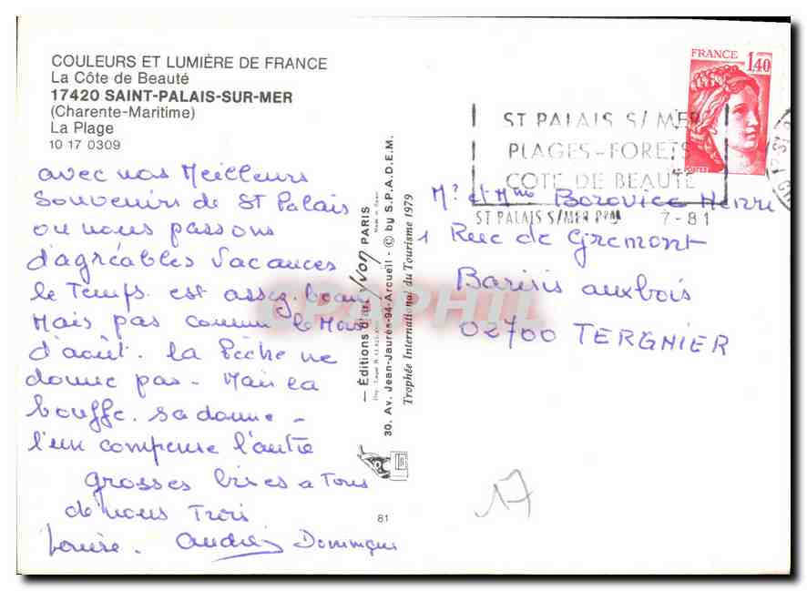 CPM La Cote de Beaute Saint Palais sur Mer Charente Maritime La Plage  — Verso
