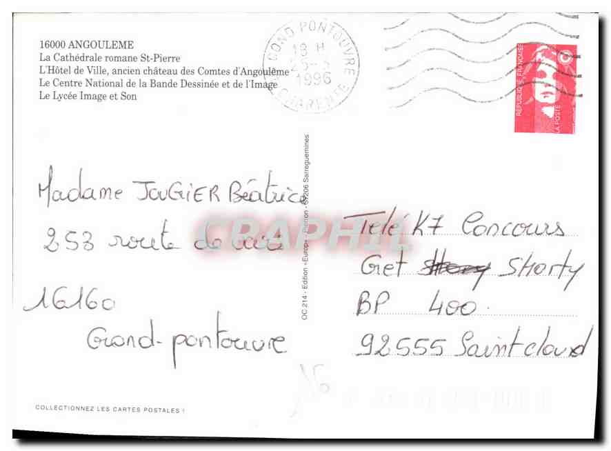 CPM Angouleme La Cathedrale romane St Pierre  — Rückseite