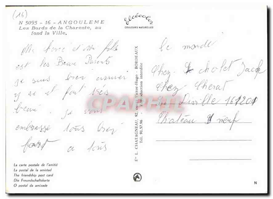 Les Bords de la Charente, au fond la Ville — Château 92, Angoulême — Éditeur L. Chatagneau, Bordeaux — Verso
