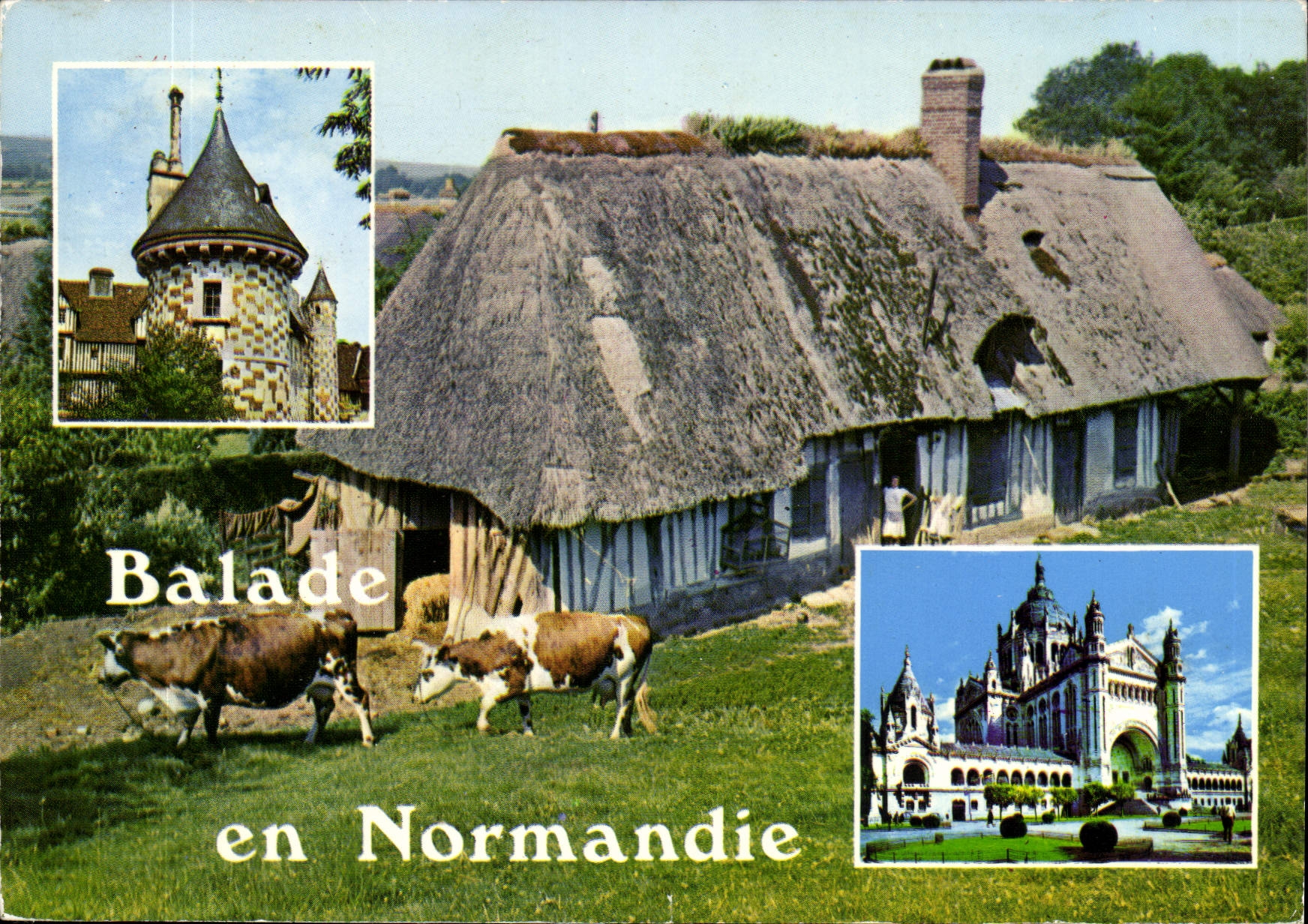 Balade en Normandie — vue de maison à toit de chaume, vaches, et vignettes de château et cathédrale — éditeur non visible