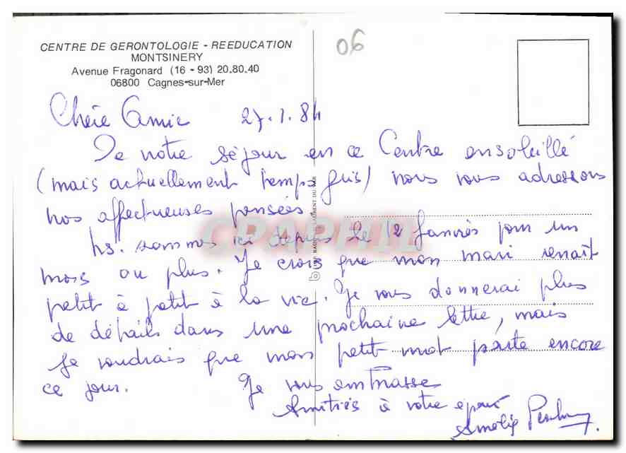 CPM Centre de Gerontologie Reeducation Montsinery Avenue Fragonard Cagnes sur Mer  — Verso