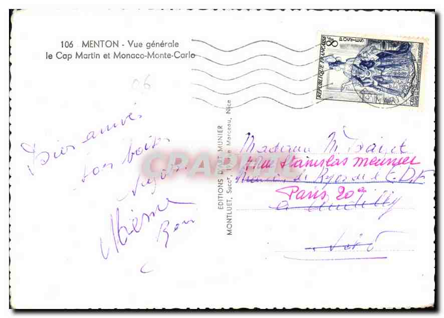 Menton - Vue générale le Cap Martin et Monaco-Monte-Carlo — Éditions d'Art Munier, n°106 — Reverso