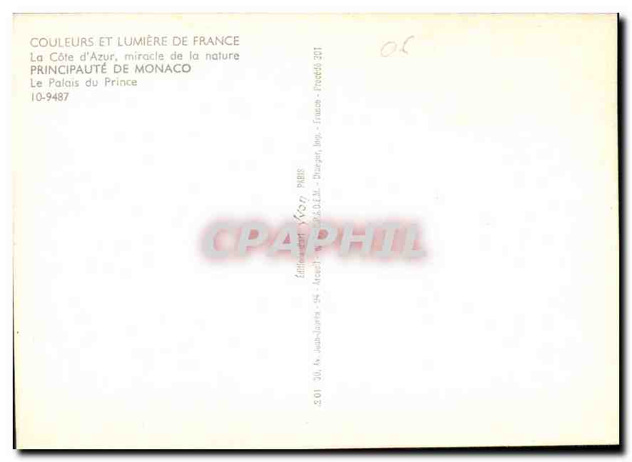 Le Palais du Prince — Principauté de Monaco — Éditeur: Couleurs et Lumière de France, n° 10-9487 — Rückseite