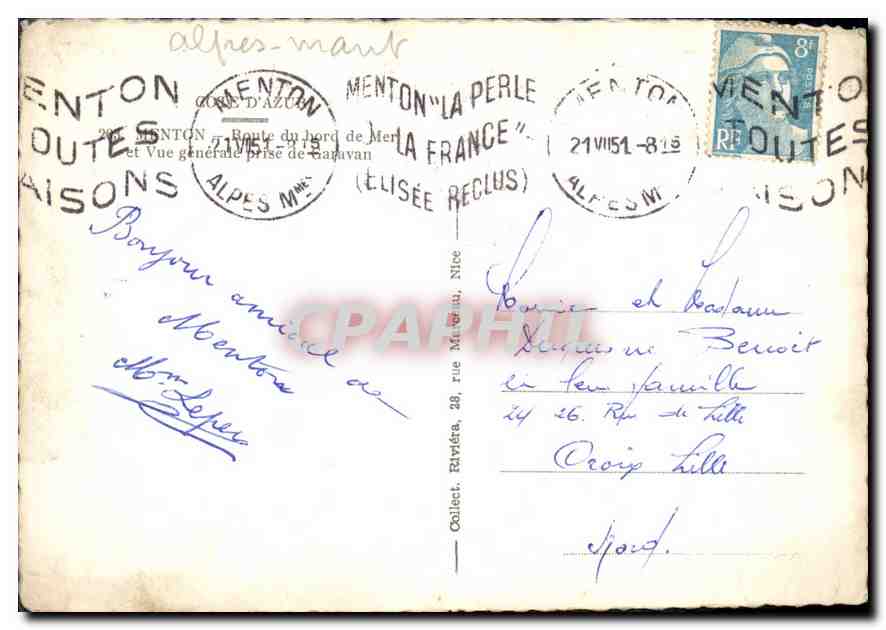 CPM Menton Route du bord de Mer et Vue generale prise de Garavan  — Rückseite