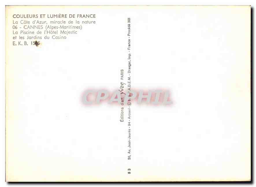 CPM La Cote d'Azur miracle de la nature La Piscine de l'Hotel Majestic et les Jardins du Casino  — Verso