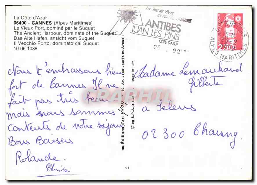 CPM La Cote d'Azur Cannes Alpes Maritimes Le Vieux Port domine par le Suquet  — Rückseite