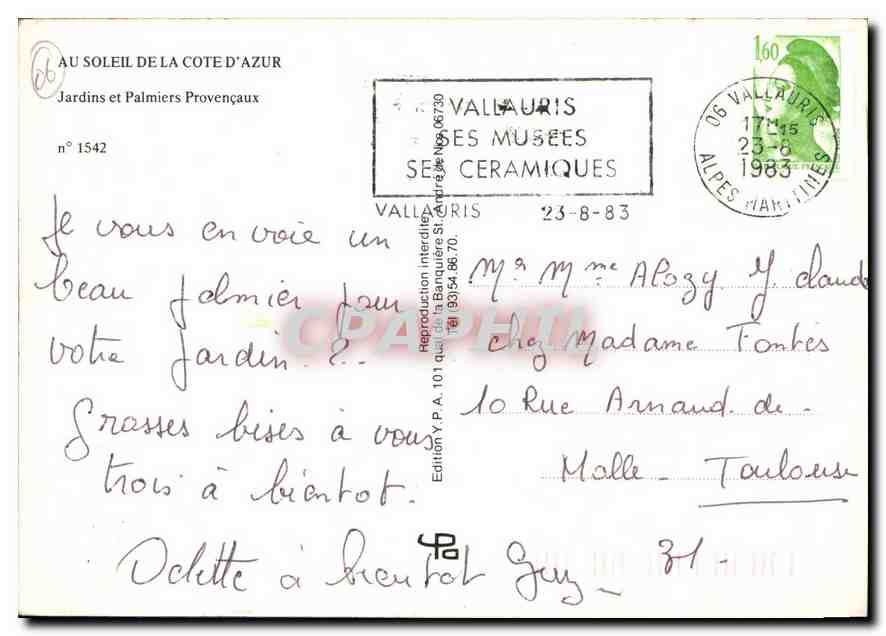 CPM Au Soleil de la Cote d'Azur Jardins et Palmiers Provencaux  — Verso