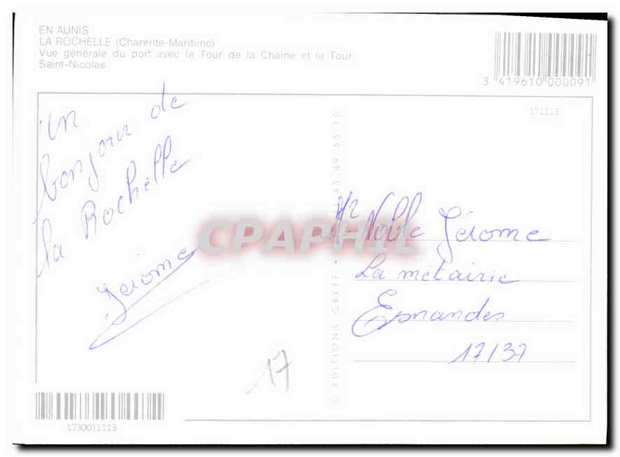 CPM La Rochelle en Aunis  — Verso