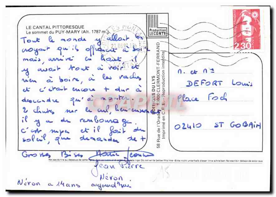 CPM Le Cantal Pittoresque Le Sommet du Puy Mary  — Verso