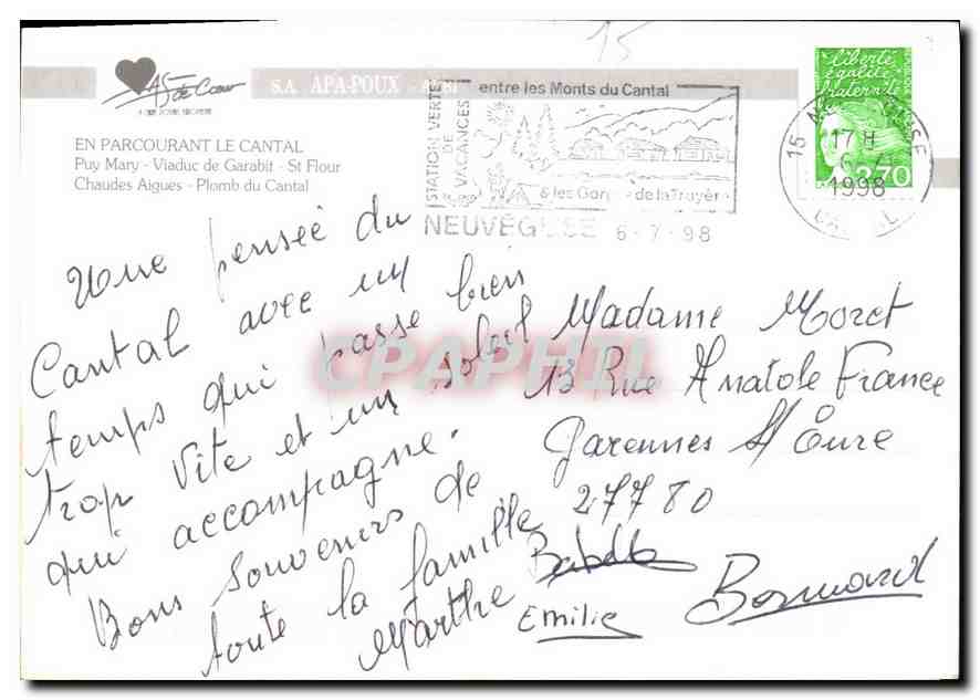 CPM En parcourant le Cantal Puy Mary Viaduc de Garabit St Flour Chaudes Aigues Plomb du Canal  — Verso