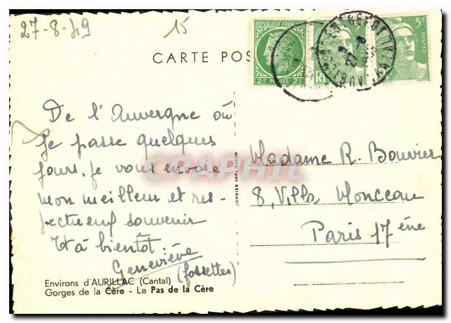 CPM Environs d'Aurillac Cantal Gorges de la Cere Le Pas de la Cere  — Verso