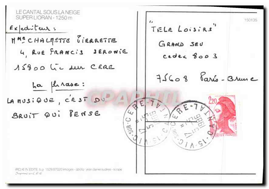 CPM Le Cantal Sous la Niege Super Lioran  — Rückseite
