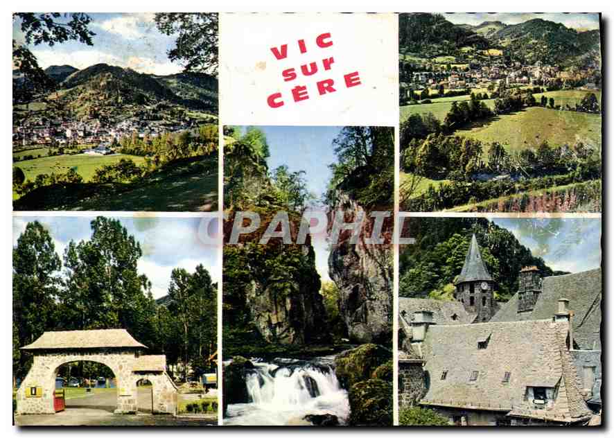 CPM Vic sur Cere Vues generales Entree du camping Le pas de Cere L'eglise 