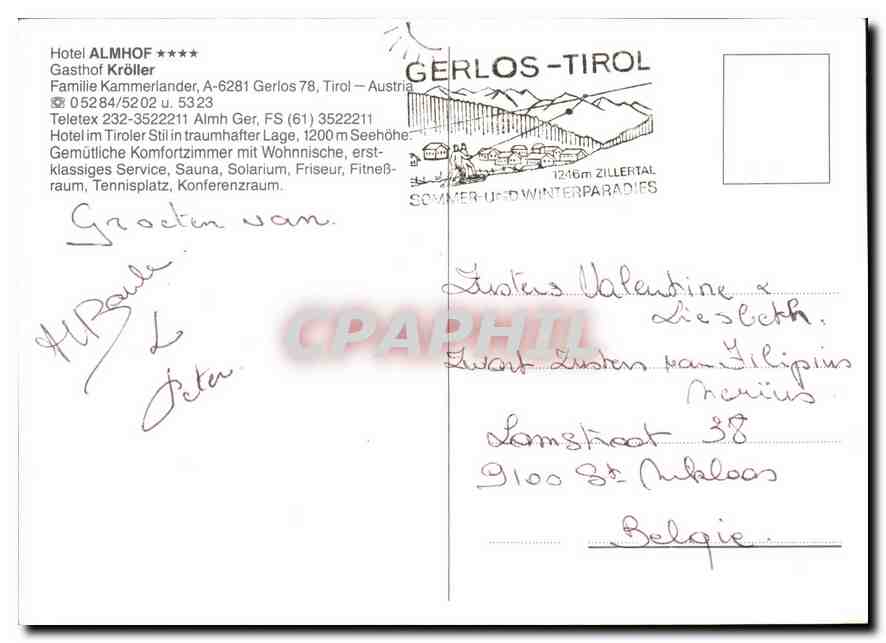 CPM Hotel Almhof Gasthof Kroiler Familie Kammerlander Gerlos Tirol Austria  — Rückseite