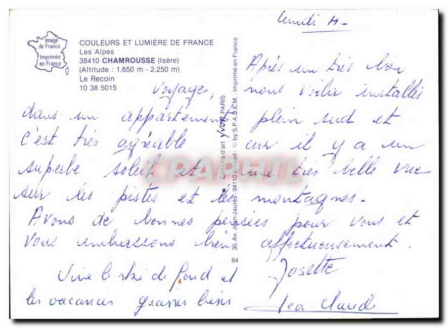 CPM Colleurs et Lumiere de France Les Alpes Chamrousse Isere  — Rückseite