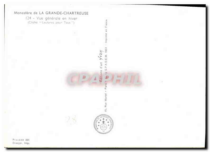 Monastère de La Grande-Chartreuse — Vue générale en hiver — Éditions d'art Yvon, Paris, 1963 — Verso