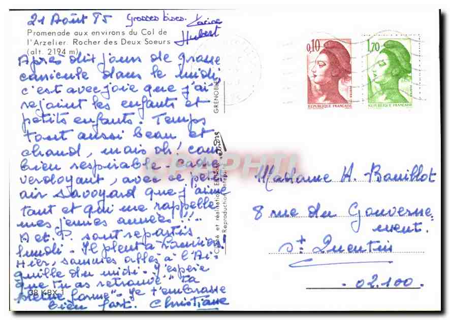 Col d'Arzelier — Rocher des Deux Sœurs (alt. 2194 m) — éditeur non visible — Verso