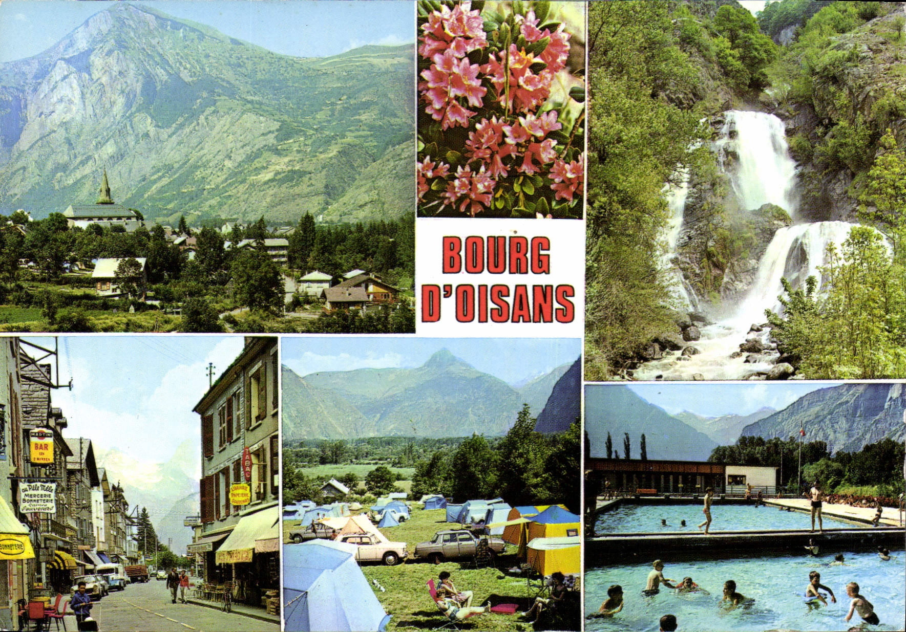 Bourg d'Oisans — vue panoramique, cascade, fleurs, campement et piscine — Éditions de France
