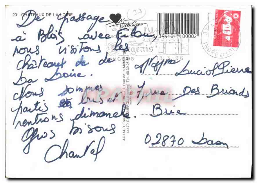 CPM Chateaux de la Loire Amboise Chenonceau Azay le Rideau Angers Loches Villandry  — Rückseite
