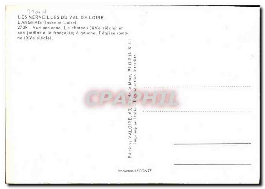 CPM Les Merveilles du Val de Loire Langeais Indre et Loire vue aerienne le Chateau XV siecle et ses  — Verso