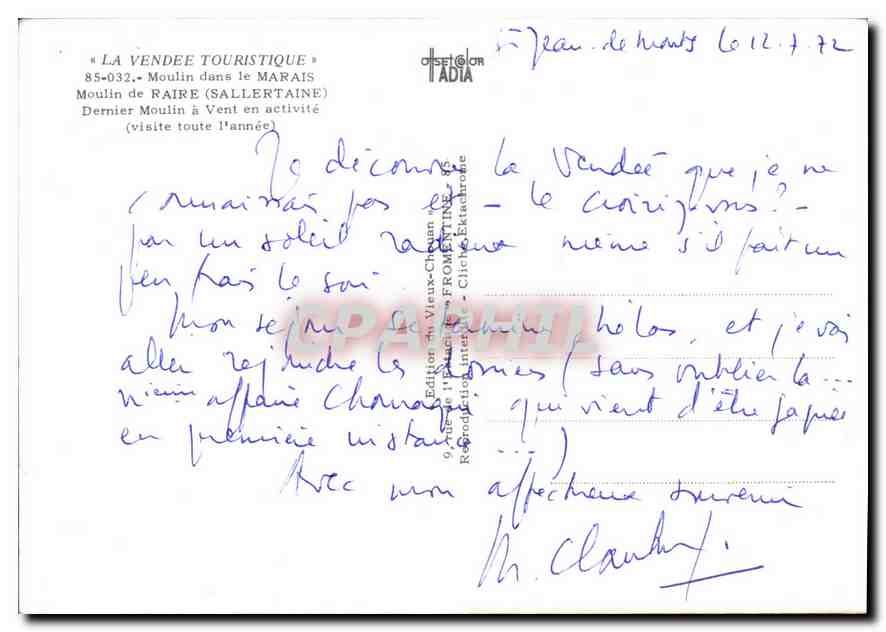 Moulin de Raire (Sallertaine) — Dernier moulin à vent en activité — Éditeur : La Vendée Touristique, n° 85-032 — Achterkant