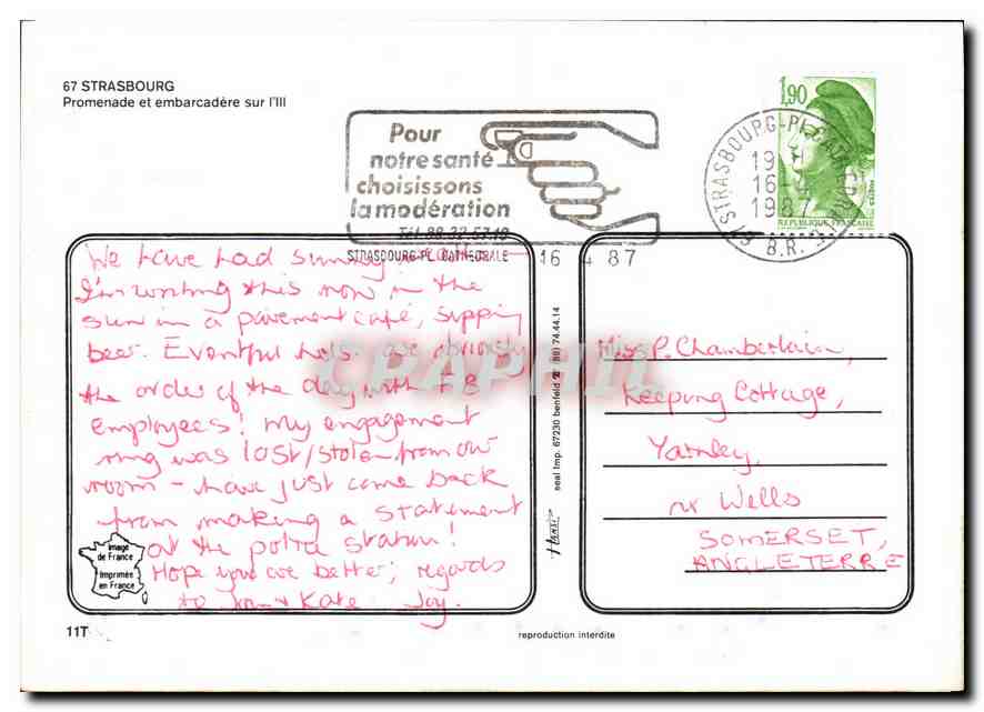 CPM Strasbourg Promenade et embarcadere sur l'Ill  — Verso